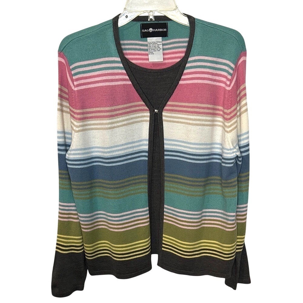 Sag Harbor Multicolor Striped Sweater Faux Cardigan